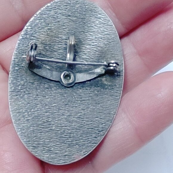 Vintage Large Oval Dark Brown Stone Silver Tone Brooch Pin Pendant - Picture 6 of 6